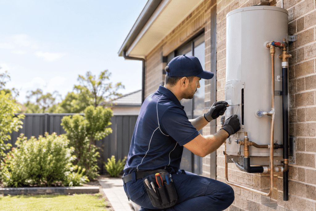 Technician reparing a hot water system